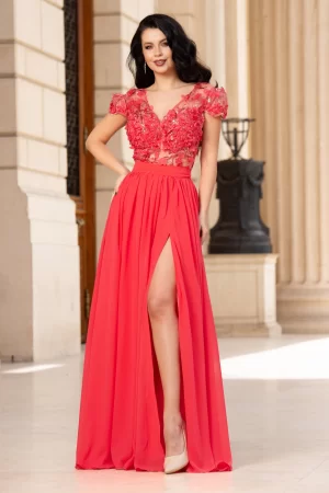 Rochie de seara Larissa coral din voal cu flori 3D 1