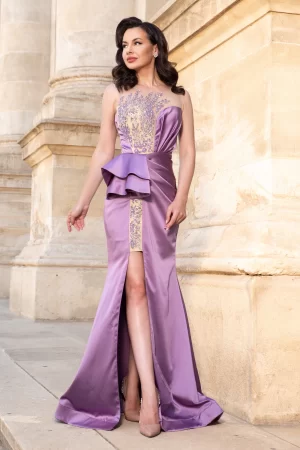 Rochie de seara lila Isis cu peplum si model pretios din margele si strassuri 1