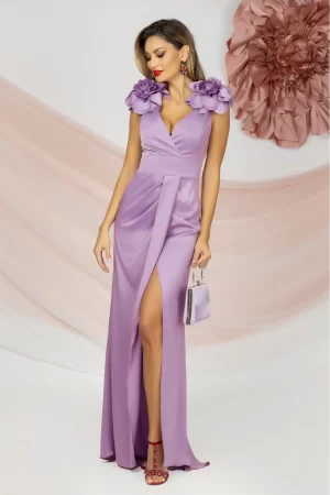 Rochie de seara lunga eleganta lila cu flori maxi pe umeri 1
