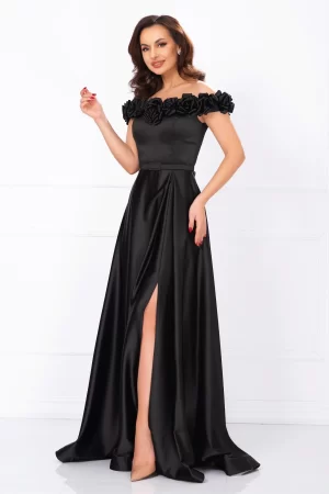 Rochie de seara lunga Penelope neagra cu trandafiri pretiosi 1