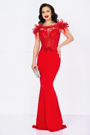 Rochie de seara Noely lunga rosie cu broderie pretioasa si fulgi 1