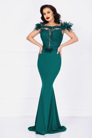 Rochie de seara Noely lunga verde cu broderie pretioasa si fulgi 1