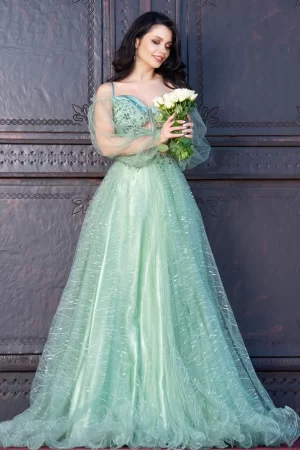 Rochie de seara Patrizia mint din tulle cu sclipici si margele 1