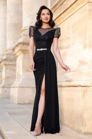 Rochie de seara pretioasa Angie neagra cu paiete si trena pe o parte 1