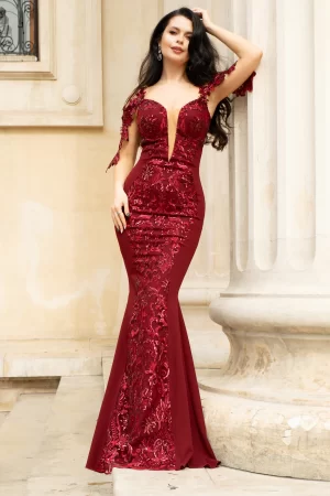 Rochie de seara pretioasa bordo cu insertii paietate 1