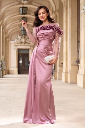 Rochie de seara rose din tafta Calliope cu flori de bujor 3D 1