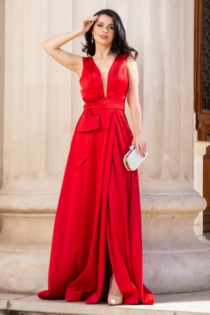 Rochie de seara rosie din tafta cu funda stilizata 1