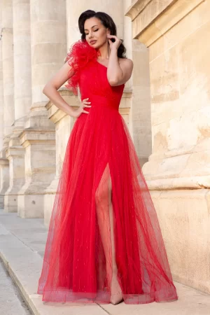 Rochie de seara rosie lunga Clio din tulle brodat cu floare 3D pe umar 1