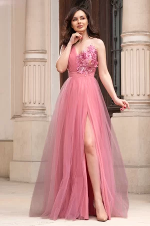 Rochie de seara roz din tulle Minerva cu flori 3D 1