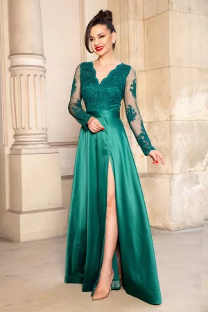 Rochie de seara verde din tafta Joana lunga cu bust din dantela 1