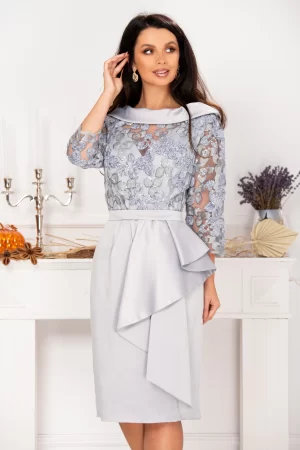 Rochie de soacra Danna argintie cu flori de catifea si peplum 1
