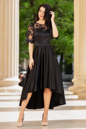 Rochie de soacra neagra cu flori 3D si pliseuri 1