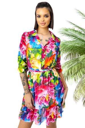 Rochie de vara Kasiana, cu maneca trei sferturi si imprimeu floral, Dahlia multicolor, Marime S/M/L 1