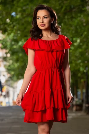 Rochie de vara rosie scurta in clos cu volane 1