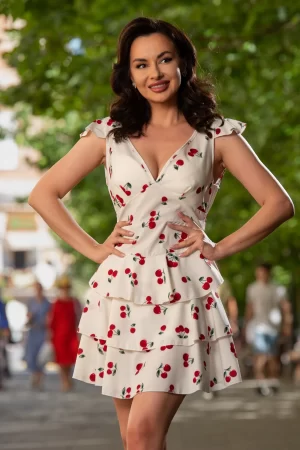 Rochie de vara scurta cu volane si imprimeu cirese 1