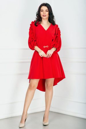 Rochie de zi asimetrica rosie cu volan pe maneca si funda aurie 1
