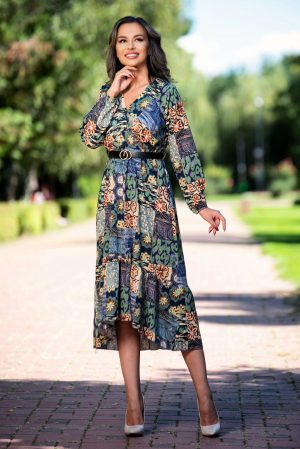 Rochie de zi bleumarin asimetrica cu imprimeu floral si volan la terminatie 1
