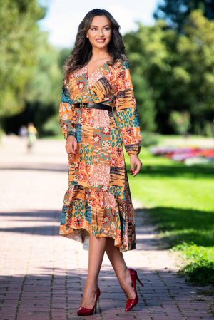 Rochie de zi camel asimetrica cu imprimeu floral si volan la terminatie 1