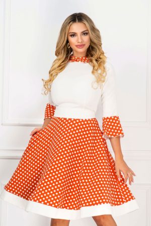 Rochie InPuff de zi caramizie cu buline si maneci tip clopot 1