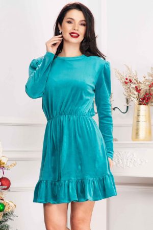 Rochie de zi Cherry din catifea turquoise cu volanas 1