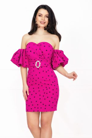 Rochie de zi cu buline Layla fucsia cu maneci gogosar 1