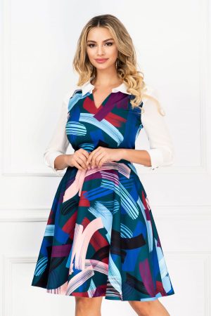 Rochie InPuff de zi in clos cu print multicolor si maneci din voal 1