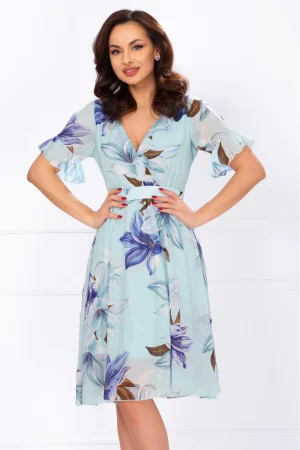 Rochie de zi din voal bleu in clos cu imprimeu floral 1