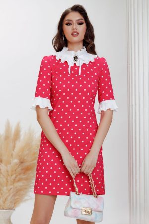 Rochie de zi Fofy in A ciclame cu buline albe guler si mansete plisate 1