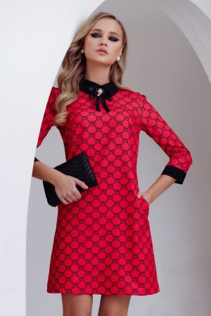Rochie de zi Fofy in A rosie cu imprimeu grafic si guler negru 1