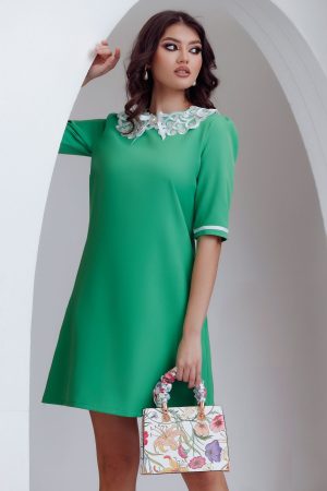 Rochie de zi Fofy verde in A cu guler brodat 1
