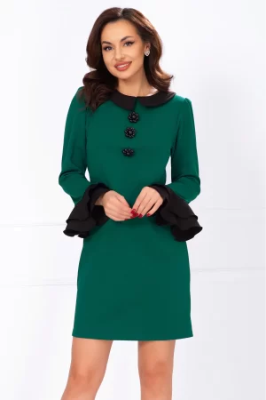 Rochie de zi Ivonne verde cu guler si mansete negre 1