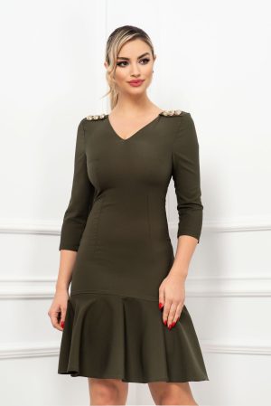 Rochie de zi kaki cu nasturi decorativi si volan in partea de jos 1