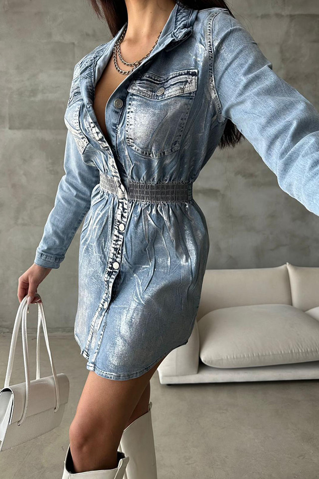 Rochie de zi Larissa, din denim, croi cambrat si imprimeu metalic argintiu 3