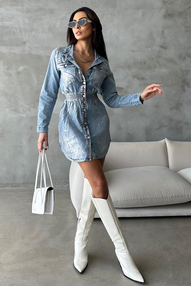 Rochie de zi Larissa, din denim, croi cambrat si imprimeu metalic argintiu 4