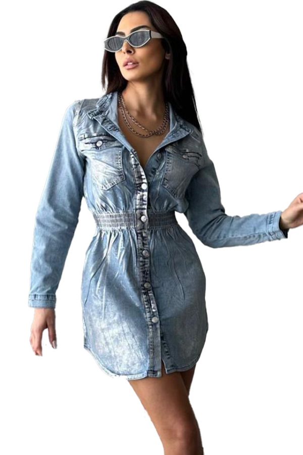 Rochie de zi Larissa, din denim, croi cambrat si imprimeu metalic argintiu 5