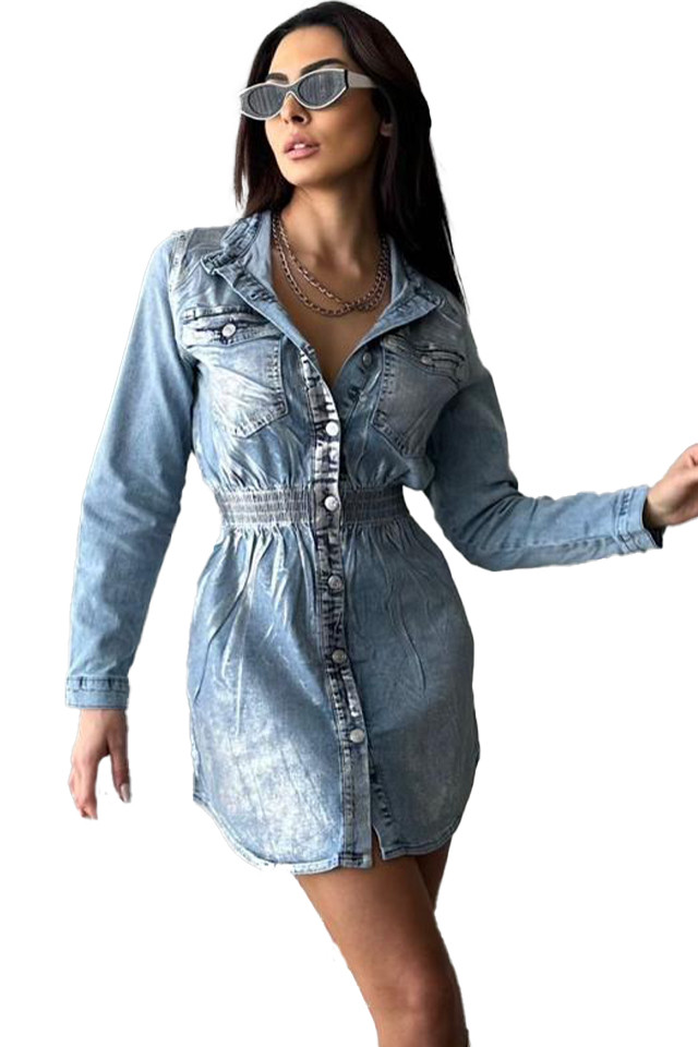 Rochie de zi Larissa, din denim, croi cambrat si imprimeu metalic argintiu 5