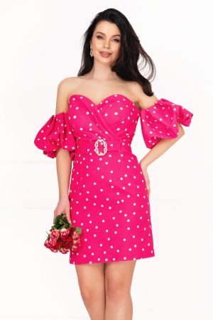 Rochie de zi Layla ciclame cu buline si maneci gogosar 1