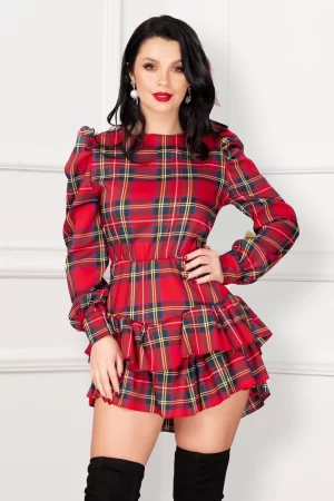 Rochie de zi rosie in carouri cu volane 1