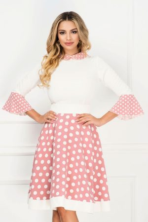 Rochie InPuff de zi delicata roz cu buline si maneci tip clopot 1