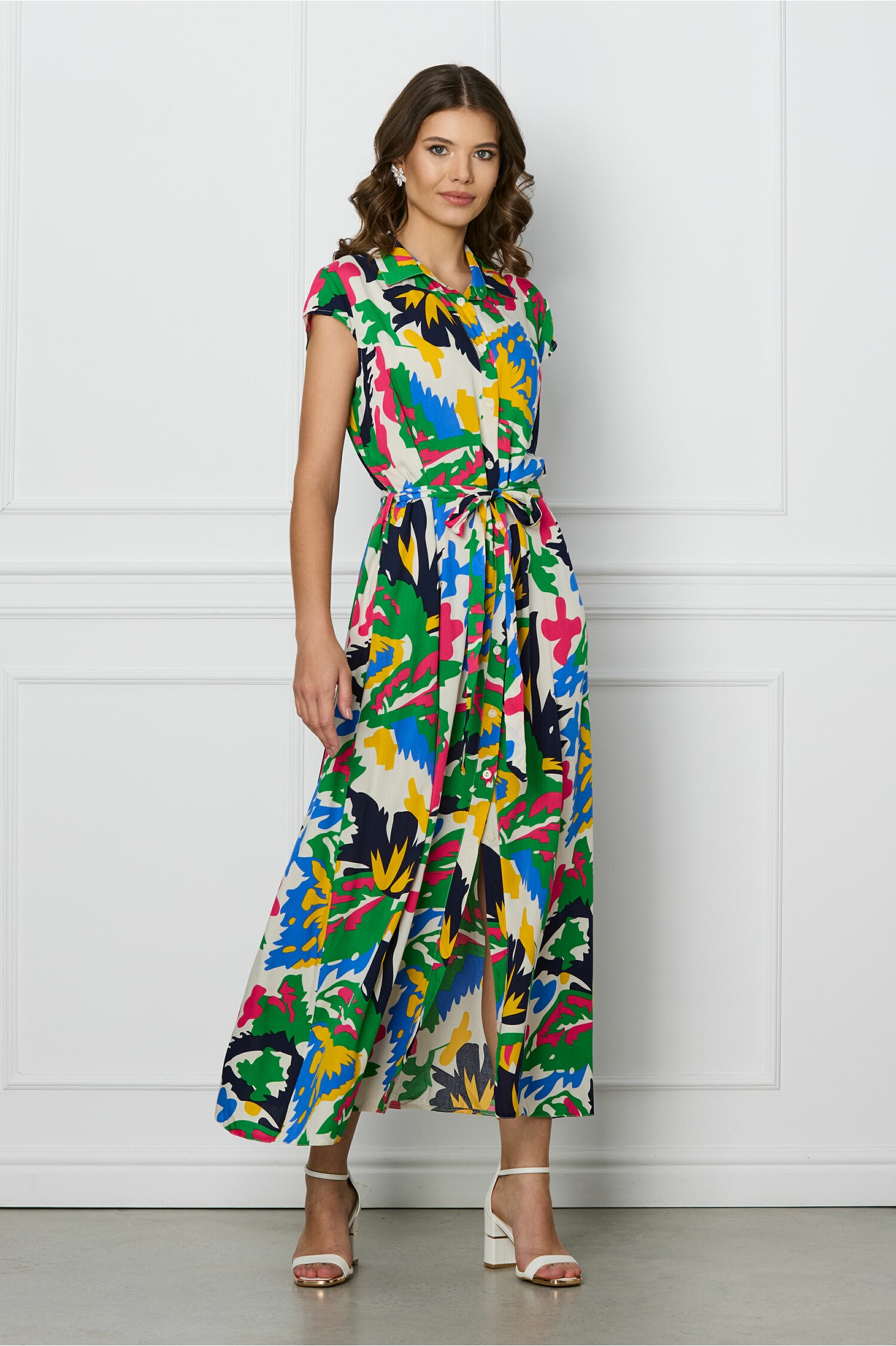 Rochie Denisa icory cu imprimeuri multicolore si cordon in talie 1