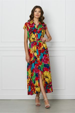 Rochie Denisa rosie cu imprimeuri galbene si cordon in talie 1