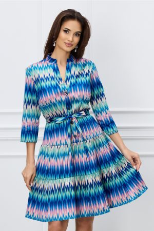 Rochie Diana albastra cu imprimeu zig-zag si cordon in talie 1