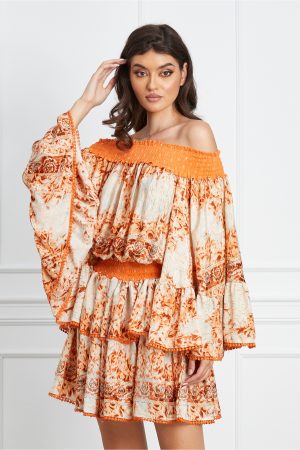 Rochie Diana orange cu imprimeuri si volane maxi 1