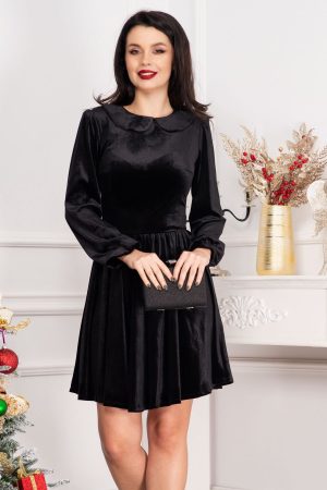 Rochie din catifea Fiolla neagra in clos cu guler 1