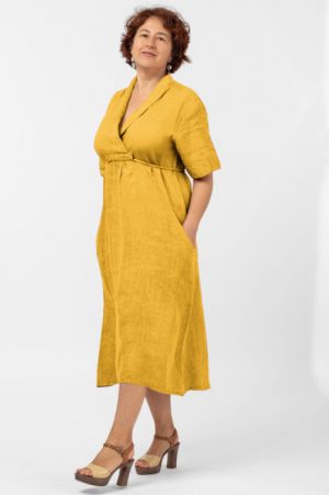 Rochie din in, cu decolteu in V si siret sub bust, mustar 1