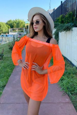 Rochie din plasa Floridas, cu maneca lunga si croiala lejera, Orange, Marime universala S/M 1