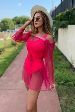 Rochie din plasa Floridas, cu maneca lunga si croiala lejera, Roz, Marime universala S/M 1