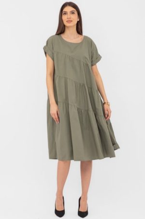 Rochie din poplin satinat cu volane oblice, kaki 1