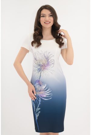 Rochie din stofa alb-bleumarin cu flori maxi 1