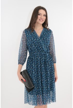 Rochie din tull albastru cu frunze imprimate 1